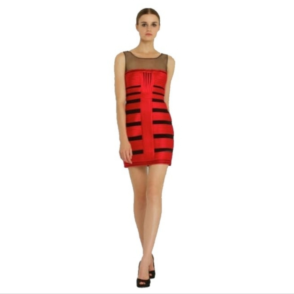 BCBGMAXAZRIA Brenda Stretch-satin W/ Tulle Neckline Cocktail Dress.